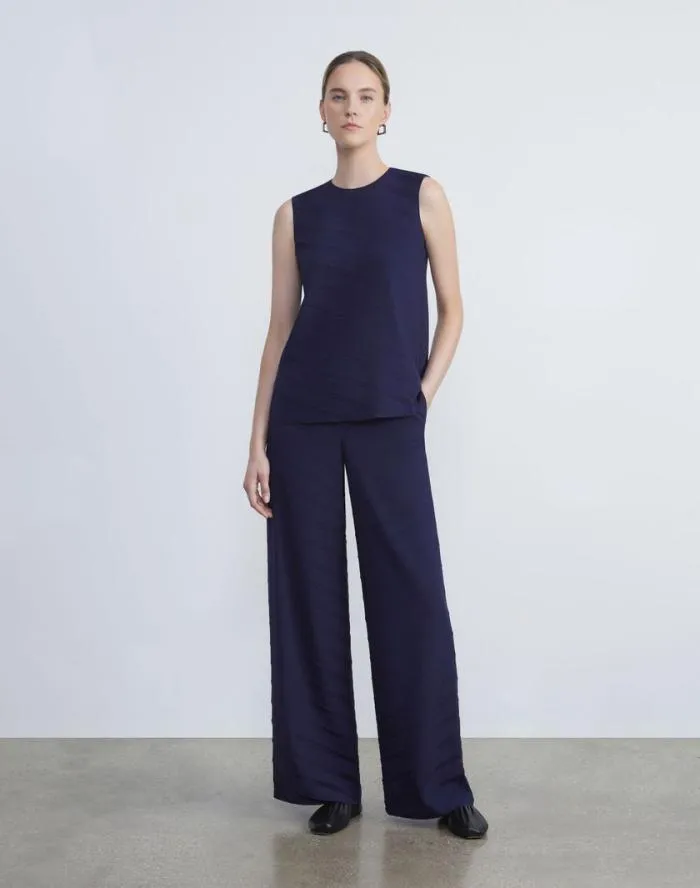 Ready To Wear Sateen Diagonal Pleat Blouse Midnight Blue Lafayette 148 New York Blouses and Shirts