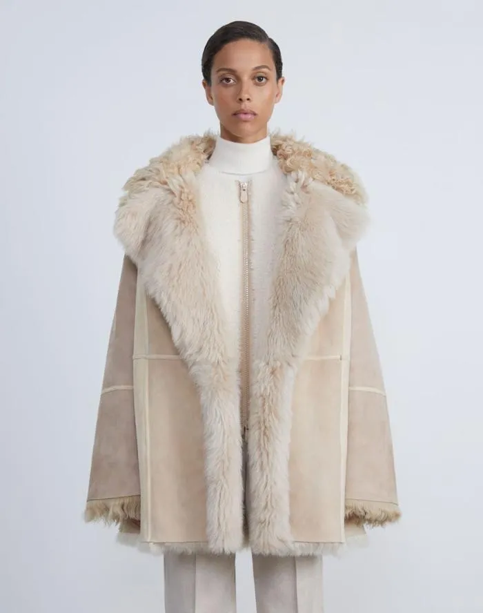 Ready To Wear Shearling Reversible DoubleBreasted Oversized Peacoat Pale Buff Lafayette 148 New York Leathers and Suedes
