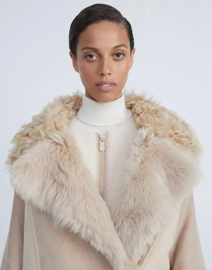 Ready To Wear Shearling Reversible DoubleBreasted Oversized Peacoat Pale Buff Lafayette 148 New York Leathers and Suedes