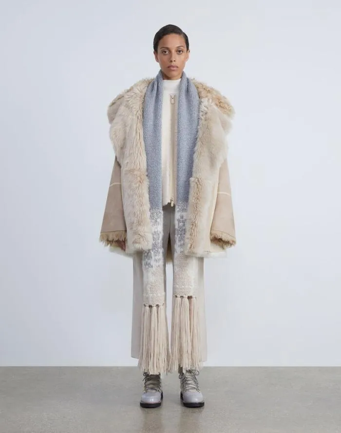 Ready To Wear Shearling Reversible DoubleBreasted Oversized Peacoat Pale Buff Lafayette 148 New York Leathers and Suedes