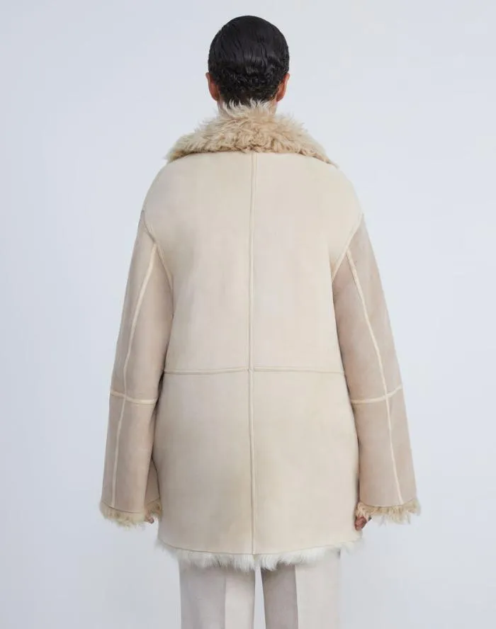 Ready To Wear Shearling Reversible DoubleBreasted Oversized Peacoat Pale Buff Lafayette 148 New York Leathers and Suedes