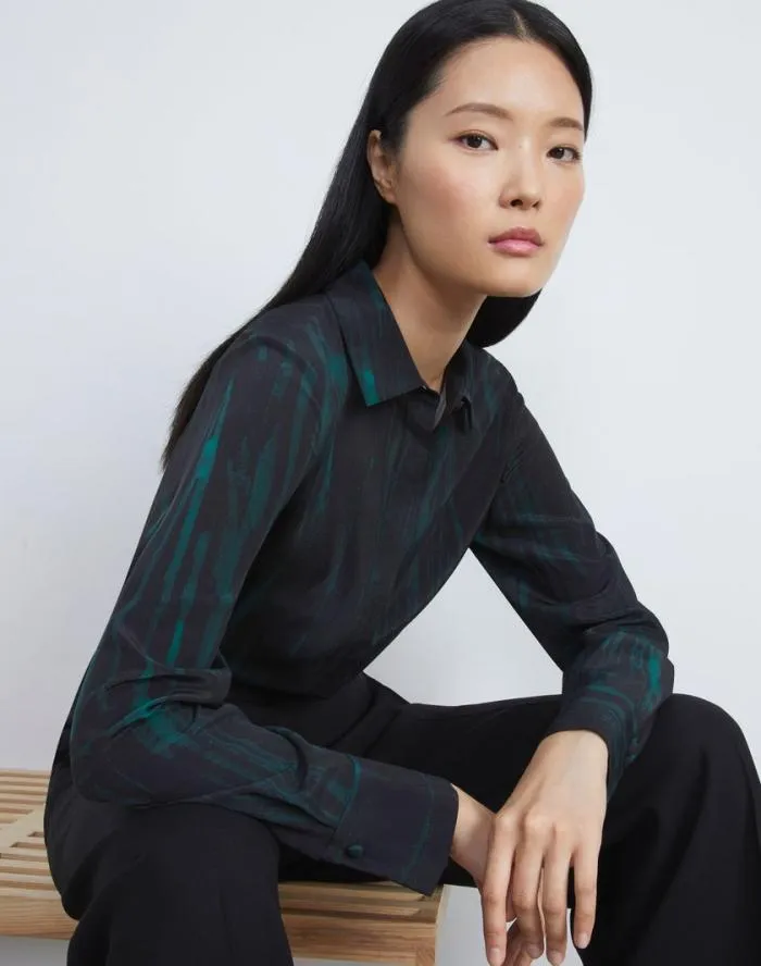 Ready To Wear Stamped Pages Print Silk Crepe De Chine Blouse Black Multi Lafayette 148 New York Blouses and Shirts