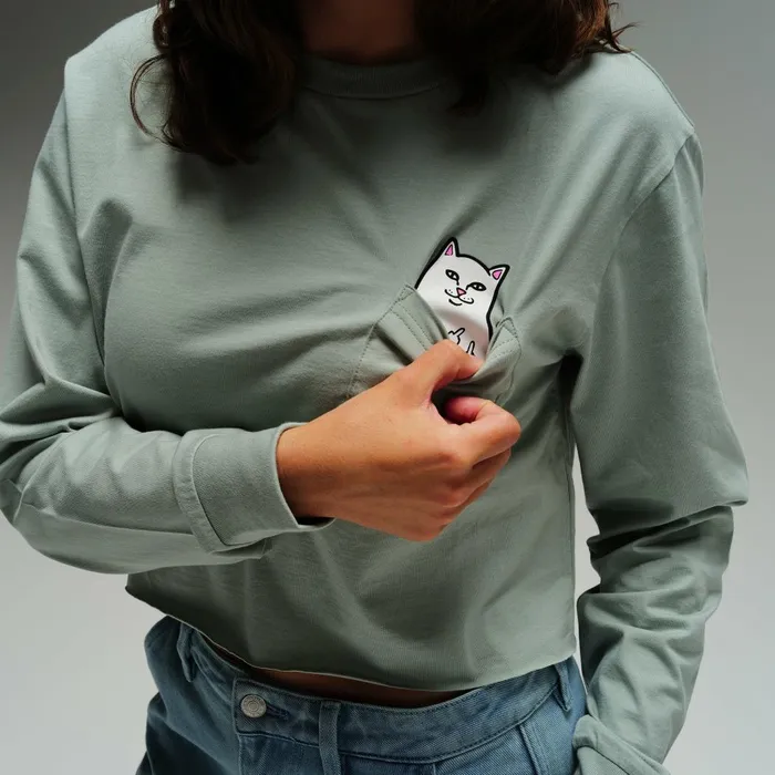 Ripndip Lord Nermal Cropped Long Sleeve Pocket Tee Sage Grey Womens Ripndip Lord Nermal Cropped Long Sleeve Pocket Tee Sage Grey Womens
