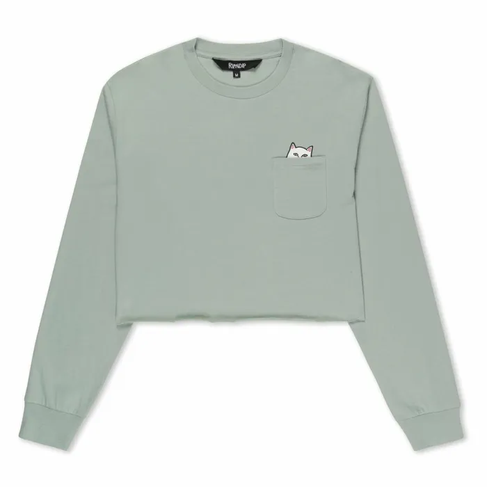 Ripndip Lord Nermal Cropped Long Sleeve Pocket Tee Sage Grey Womens Ripndip Lord Nermal Cropped Long Sleeve Pocket Tee Sage Grey Womens