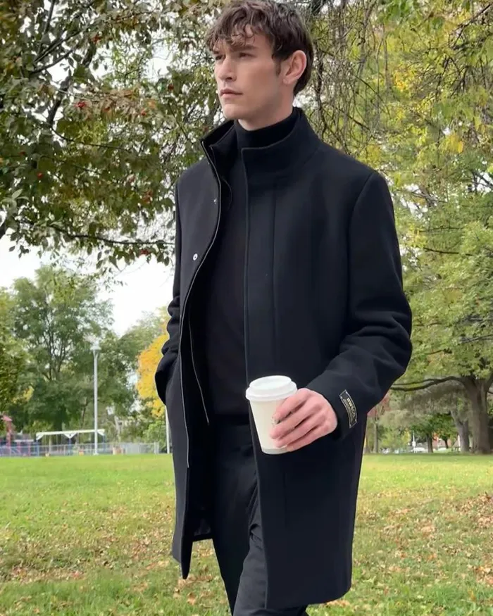 RWandCO Coats and Jackets Classic Solid MockNeck Wool Coat With Dickey Black 8211 Men