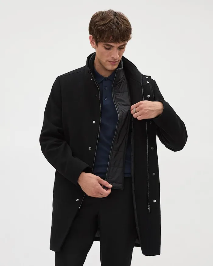 RWandCO Coats and Jackets Classic Solid MockNeck Wool Coat With Dickey Black 8211 Men RWandCO Coats and Jackets Classic Solid MockNeck Wool Coat With Dickey Black 8211 Men