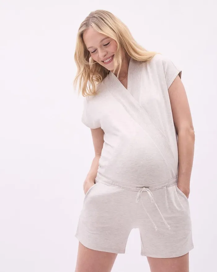RWandCO Dresses and Jumpsuits ShortSleeve Nursing Romper 8211 Thyme Maternity Beige Mix 8211 Women RWandCO Dresses and Jumpsuits ShortSleeve Nursing Romper 8211 Thyme Maternity Beige Mix 8211 Women