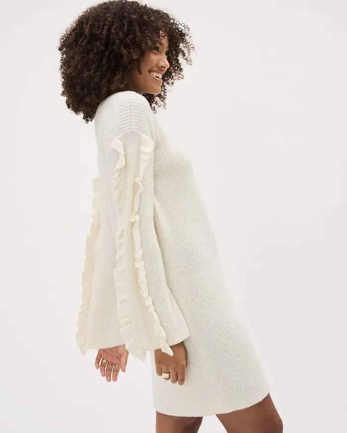RWandCO Dresses RuffledLongSleeve BoatNeck Mini Dress Off White Mix 8211 Women RWandCO Dresses RuffledLongSleeve BoatNeck Mini Dress Off White Mix 8211 Women