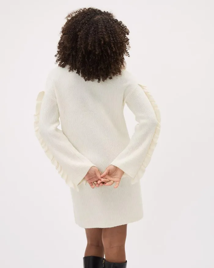 RWandCO Dresses RuffledLongSleeve BoatNeck Mini Dress Off White Mix 8211 Women