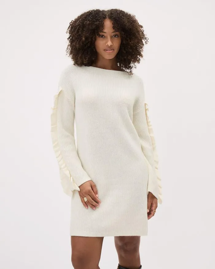 RWandCO Dresses RuffledLongSleeve BoatNeck Mini Dress Off White Mix 8211 Women