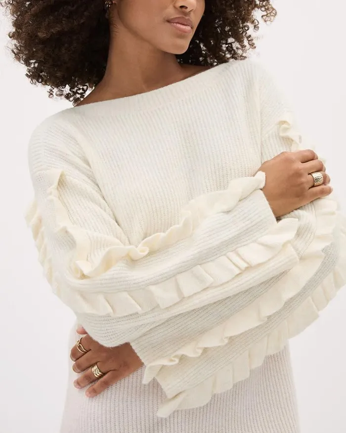 RWandCO Dresses RuffledLongSleeve BoatNeck Mini Dress Off White Mix 8211 Women