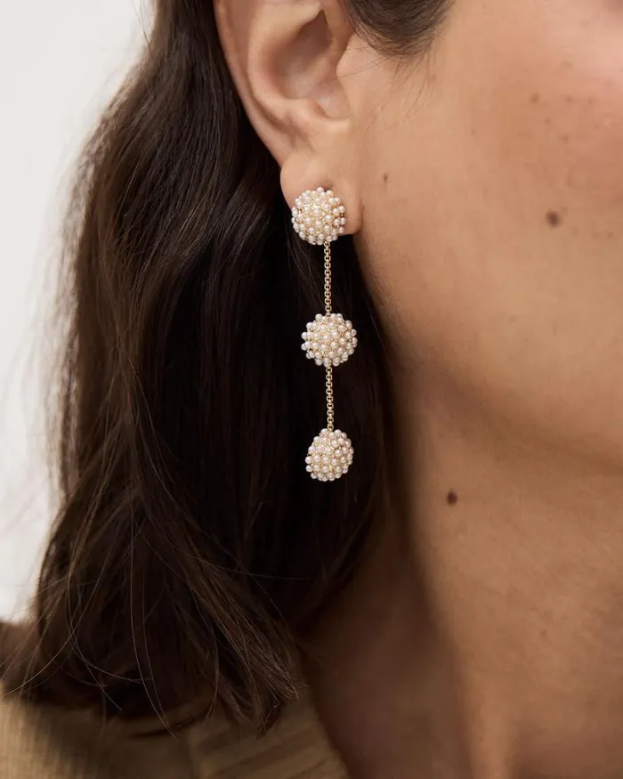 RWandCO Earrings Golden Earrings With Ball Pendants Adorned With Tiny Pearls Gold 8211 Women RWandCO Earrings Golden Earrings With Ball Pendants Adorned With Tiny Pearls Gold 8211 Women