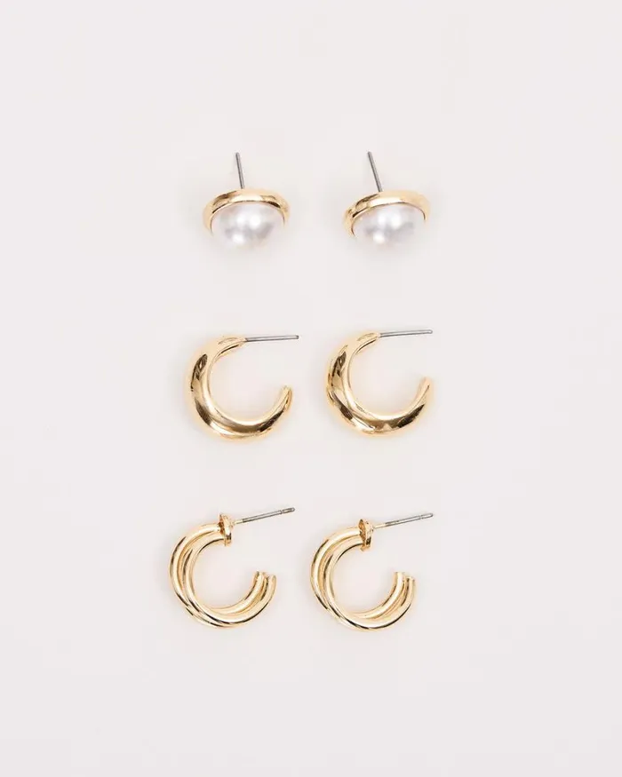 RWandCO Earrings Golden Earrings With Pearls 8211 3 Pairs Gold 8211 Women
