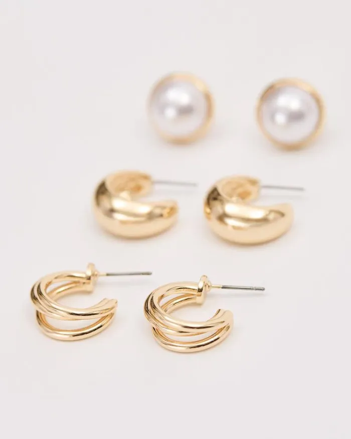 RWandCO Earrings Golden Earrings With Pearls 8211 3 Pairs Gold 8211 Women RWandCO Earrings Golden Earrings With Pearls 8211 3 Pairs Gold 8211 Women