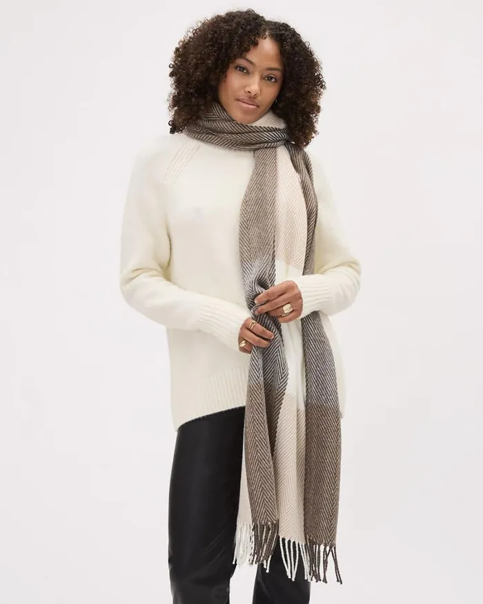 RWandCO Hats Gloves and Scarves Herringbone Plaid Scarf With Fringes Beige Mix 8211 8211 Women