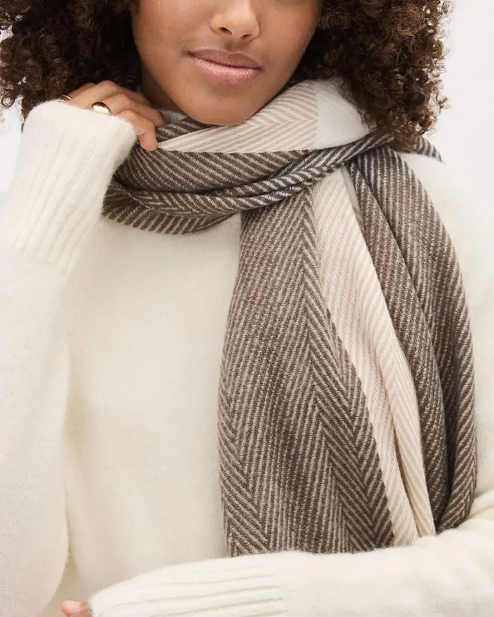 RWandCO Hats Gloves and Scarves Herringbone Plaid Scarf With Fringes Beige Mix 8211 8211 Women