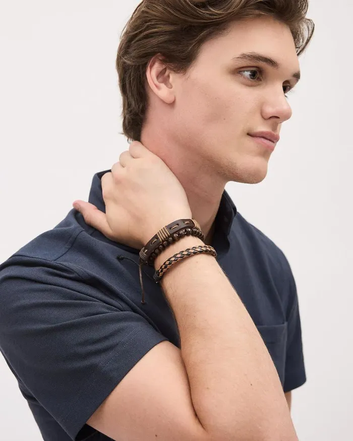 RWandCO Jewelry Faux Leather And Wooden Bracelets 8211 Set Of 3 Brown 8211 Men RWandCO Jewelry Faux Leather And Wooden Bracelets 8211 Set Of 3 Brown 8211 Men