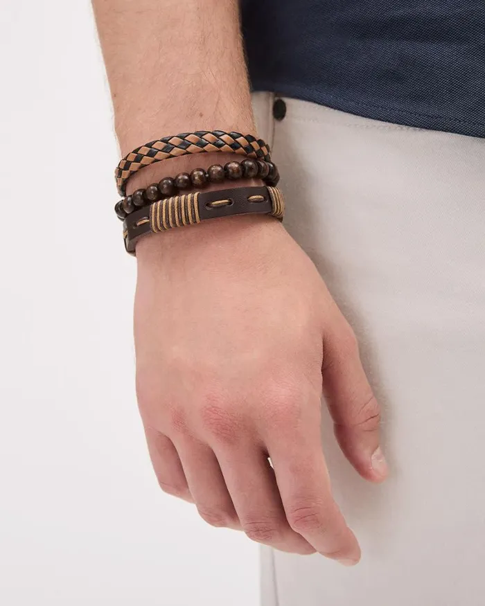 RWandCO Jewelry Faux Leather And Wooden Bracelets 8211 Set Of 3 Brown 8211 Men RWandCO Jewelry Faux Leather And Wooden Bracelets 8211 Set Of 3 Brown 8211 Men