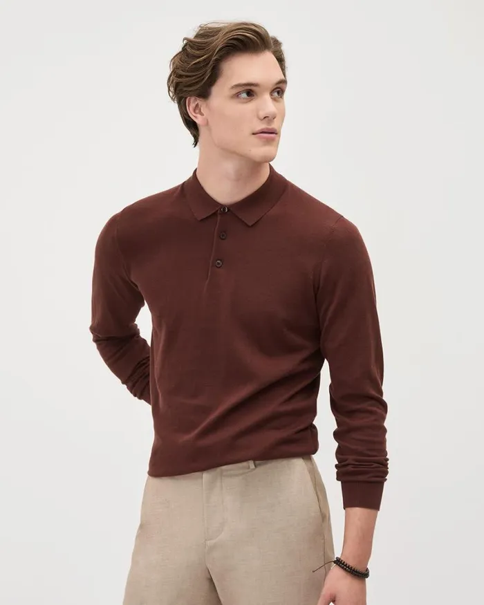 RWandCO Polos LongSleeve Polo Sweater Intense Fudge 8211 Men