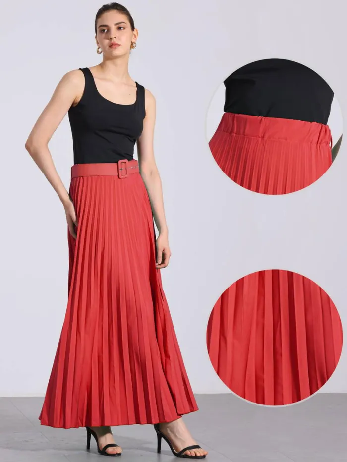 RWandCO Skirts Allegra K 8211 Elastic High Waist Maxi Pleated Skirt Red 8211 Women