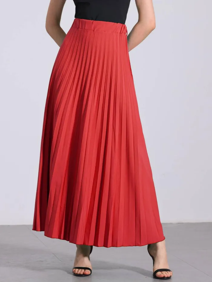RWandCO Skirts Allegra K 8211 Elastic High Waist Maxi Pleated Skirt Red 8211 Women