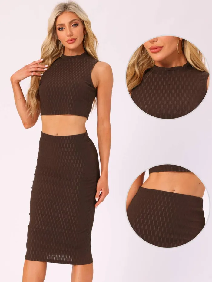 RWandCO Skirts Allegra K 8211 Mock Neck Tank Top And Bodycon Skirt Set Brown 8211 Women