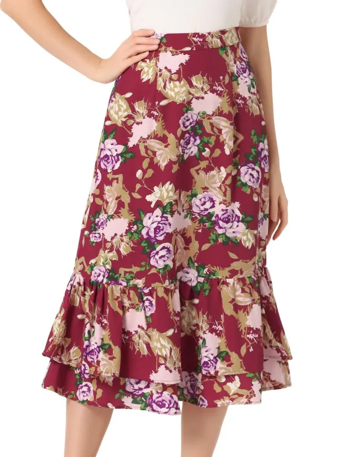 RWandCO Skirts Allegra K Printed Chiffon Ruffle Tiered Zipper Midi Skirt Dark Redfloral 8211 Women RWandCO Skirts Allegra K Printed Chiffon Ruffle Tiered Zipper Midi Skirt Dark Redfloral 8211 Women
