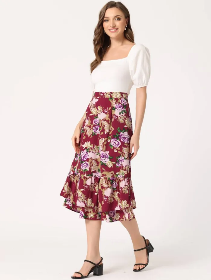 RWandCO Skirts Allegra K Printed Chiffon Ruffle Tiered Zipper Midi Skirt Dark Redfloral 8211 Women