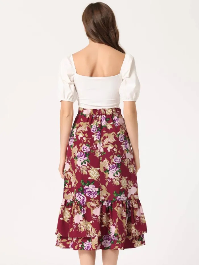 RWandCO Skirts Allegra K Printed Chiffon Ruffle Tiered Zipper Midi Skirt Dark Redfloral 8211 Women