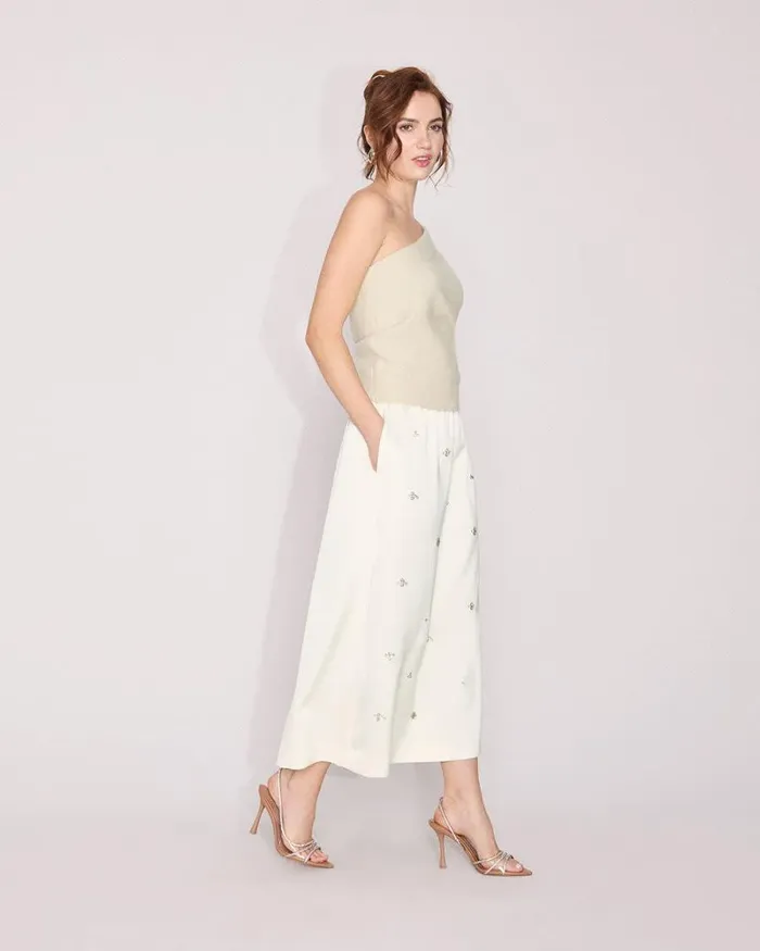 RWandCO Skirts Satin UltraHighRise ALine Midi Skirt With Gems Coconut Milk 8211 Women RWandCO Skirts Satin UltraHighRise ALine Midi Skirt With Gems Coconut Milk 8211 Women