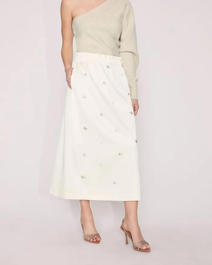 RWandCO Skirts Satin UltraHighRise ALine Midi Skirt With Gems Coconut Milk 8211 Women RWandCO Skirts Satin UltraHighRise ALine Midi Skirt With Gems Coconut Milk 8211 Women