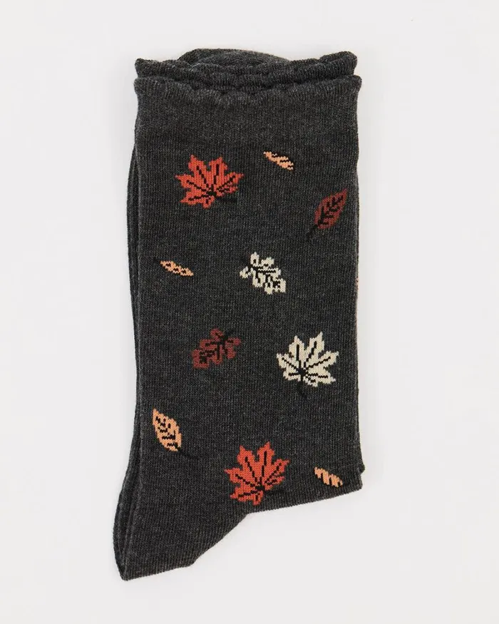 RWandCO Socks and Tights Cotton Socks With Autumn Leaves Charcoal 8211 Women