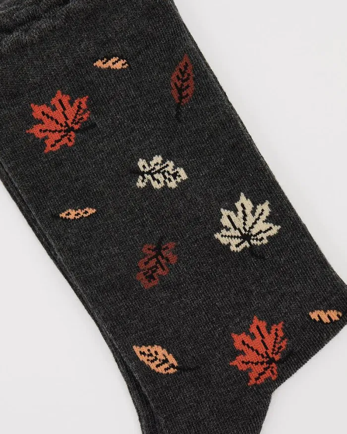 RWandCO Socks and Tights Cotton Socks With Autumn Leaves Charcoal 8211 Women RWandCO Socks and Tights Cotton Socks With Autumn Leaves Charcoal 8211 Women