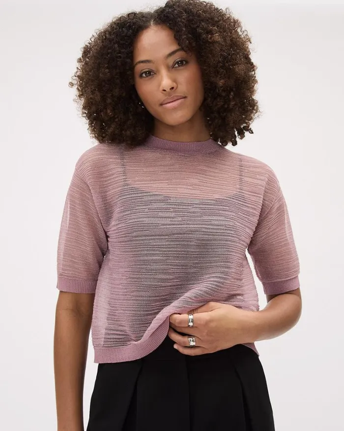 RWandCO Sweaters and Cardigans ElbowSleeve CrewNeck Sheer Textured Top Light Pink 8211 Women RWandCO Sweaters and Cardigans ElbowSleeve CrewNeck Sheer Textured Top Light Pink 8211 Women