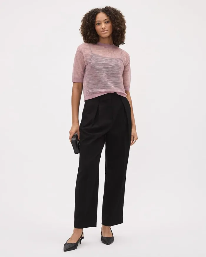 RWandCO Sweaters and Cardigans ElbowSleeve CrewNeck Sheer Textured Top Light Pink 8211 Women