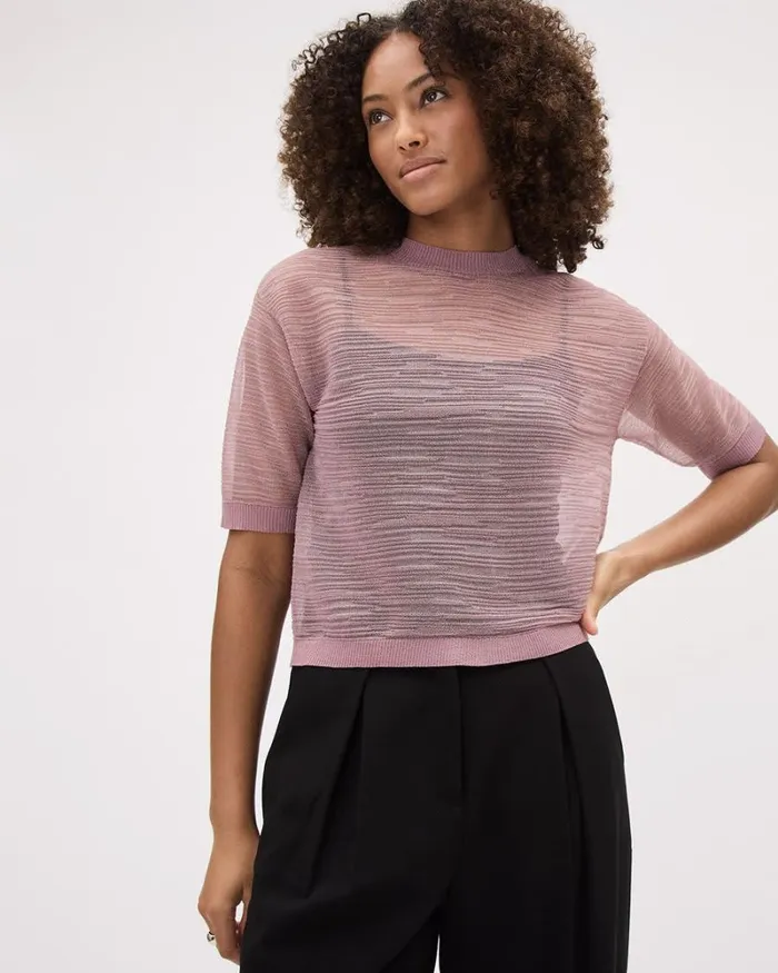 RWandCO Sweaters and Cardigans ElbowSleeve CrewNeck Sheer Textured Top Light Pink 8211 Women