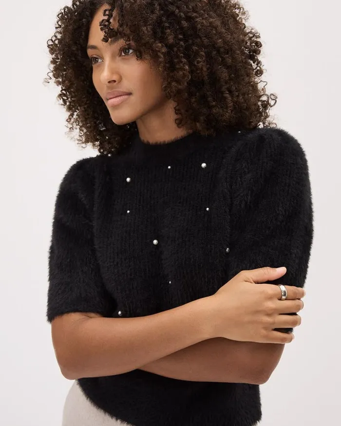 RWandCO Sweaters and Cardigans ElbowSleeve MockNeck FeatherYarn Pullover With Pearls Black 8211 Women RWandCO Sweaters and Cardigans ElbowSleeve MockNeck FeatherYarn Pullover With Pearls Black 8211 Women