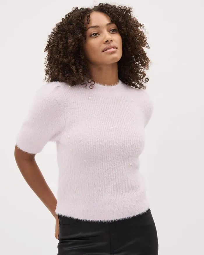 RWandCO Sweaters and Cardigans ElbowSleeve MockNeck FeatherYarn Pullover With Pearls Orchid Hush 8211 Women RWandCO Sweaters and Cardigans ElbowSleeve MockNeck FeatherYarn Pullover With Pearls Orchid Hush 8211 Women