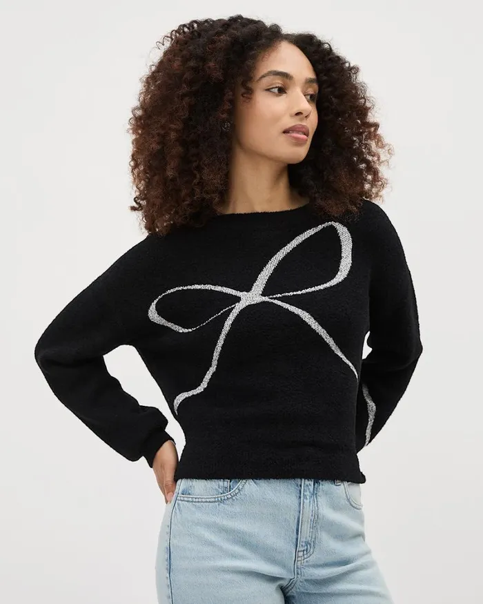 RWandCO Sweaters and Cardigans LongSleeve CrewNeck Intarsia Sweater Black 8211 Women RWandCO Sweaters and Cardigans LongSleeve CrewNeck Intarsia Sweater Black 8211 Women