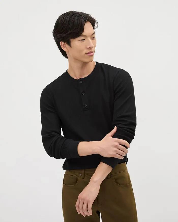 RWandCO TShirts LongSleeve Henley Waffled TShirt Black 8211 Men
