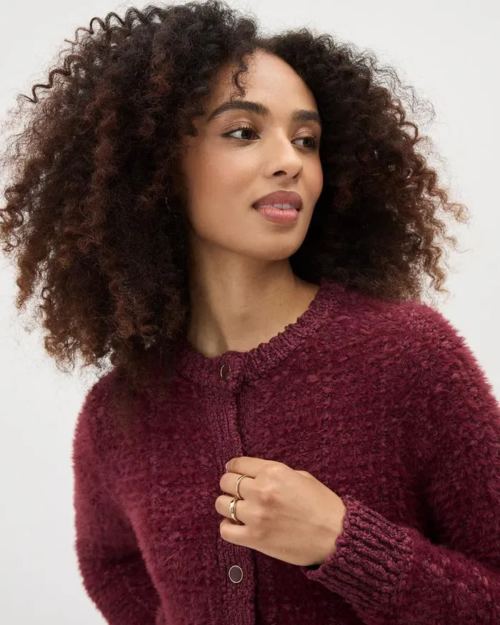 RWandCO Tops LongSleeve FeatherYarn Short Cardigan Burgundy 8211 Women