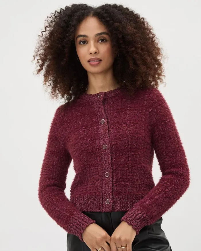 RWandCO Tops LongSleeve FeatherYarn Short Cardigan Burgundy 8211 Women RWandCO Tops LongSleeve FeatherYarn Short Cardigan Burgundy 8211 Women