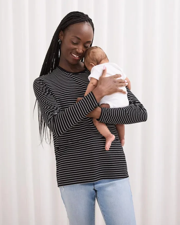 RWandCO Tops Striped LongSleeve Nursing Tee 8211 Thyme Maternity Black And Snow White Strippe 8211 Women RWandCO Tops Striped LongSleeve Nursing Tee 8211 Thyme Maternity Black And Snow White Strippe 8211 Women