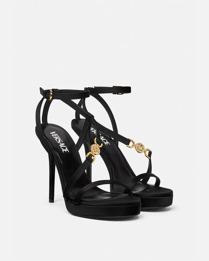 Sandals Women Versace Medusa 03995 Satin Sandals 115 Mm Blackgold
