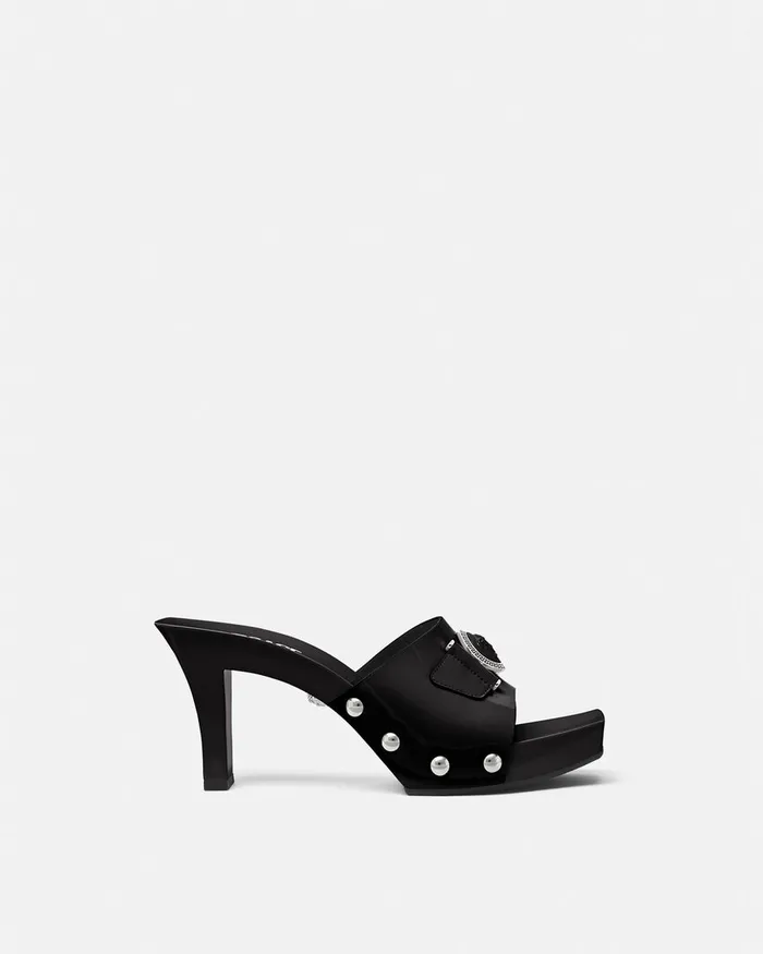 Sandals Women Versace Medusa Buckle Patent Clogs 60 Mm Blacksilver