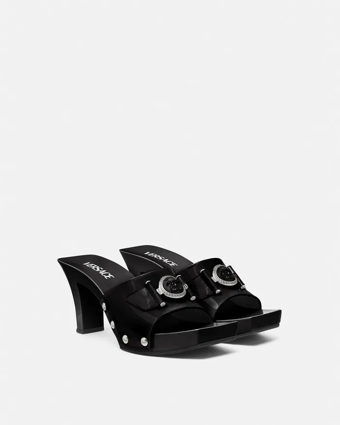 Sandals Women Versace Medusa Buckle Patent Clogs 60 Mm Blacksilver