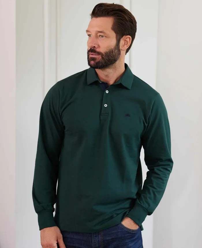 Savile Row Company Dark Green Long Sleeve Polo Shirt Dark Green Men Polo Shirts
