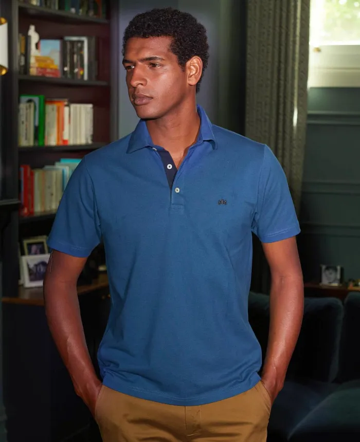 Savile Row Company Denim Blue Short Sleeve Polo Shirt Men Polo Shirts