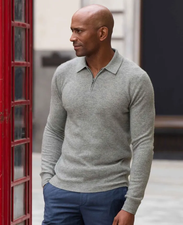 Savile Row Company Light Grey Merino Wool Cashmere Zip Neck Long Sleeve Polo Shirt Light Grey Men Casual Tops