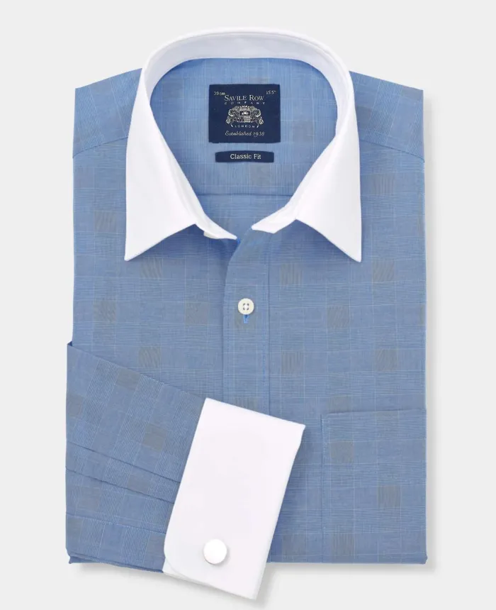 Savile Row Company Navy Cotton Prince Of Wales Check Classic Fit Winchester Formal Shirt 8211 Double Cuff Navy Pow Men Formal Shirts